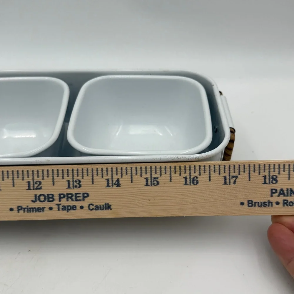 White Enamel Metal Condiment Server Set 4 Bowls Rectangular Tray Rattan Handles
